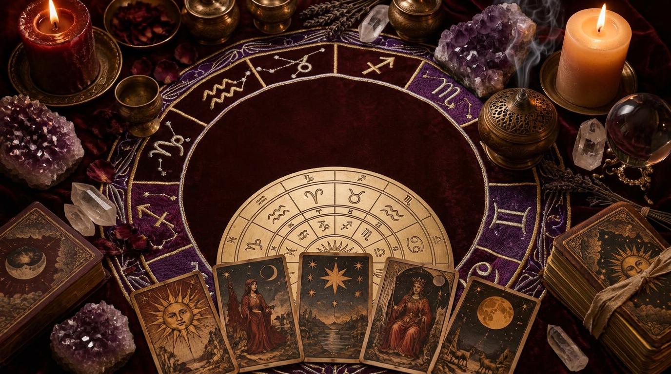 Mesa de consulta com cartas de tarô, velas e cristais